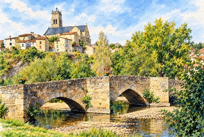 Le Pont-Vieux de Bellac et l'église Notre-Dame, à l'aquarelle